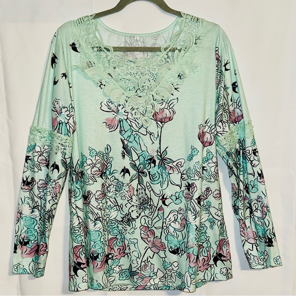 Floral Blouse with Crochet Neckline- Large